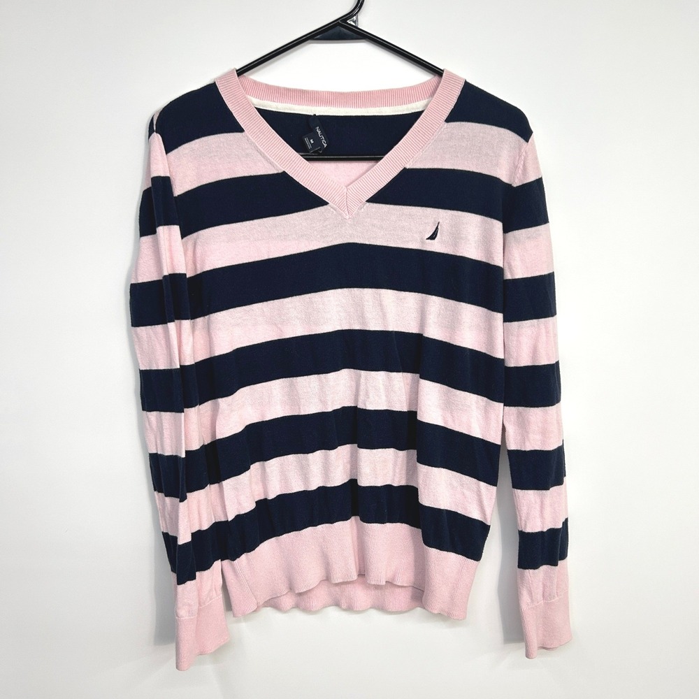 Nautica Striped V-Neck Cotton Sweater Medium Pink Navy Preppy Coastal Nautical